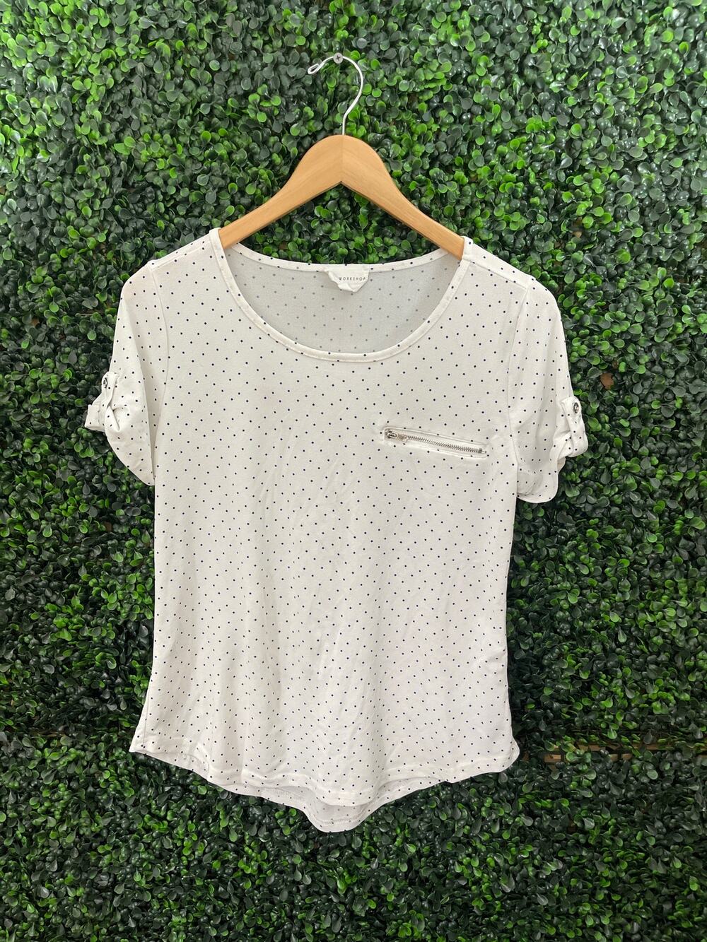 The Workshop, White and Blue polka Dot Blouse, Women’s Size M